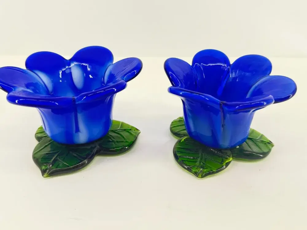 Vintage Cobalt Blue Glass Flower Candle Holders Green Leaf Boho Decor Set of 2